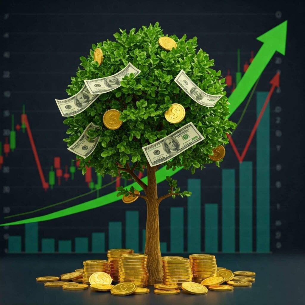 "Symbolic image of financial growth: money tree with a stock chart."