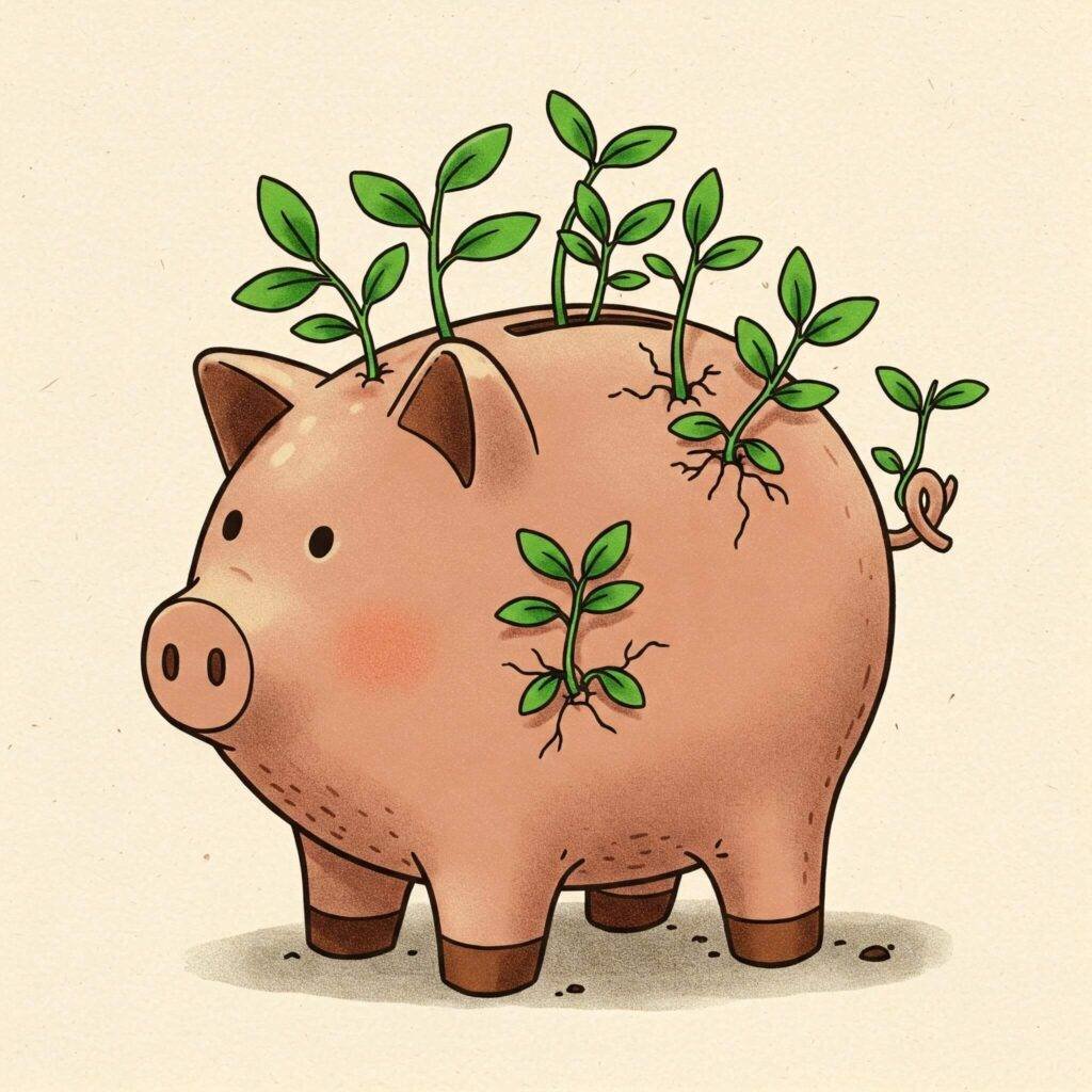 "Hopeful piggy bank with green and brown growing plants."