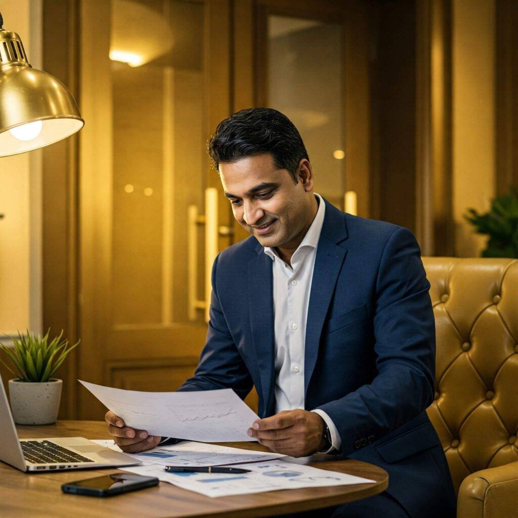 Business owner and consultant reviewing reports in vibrant gold and blue, conveying success and prosperity