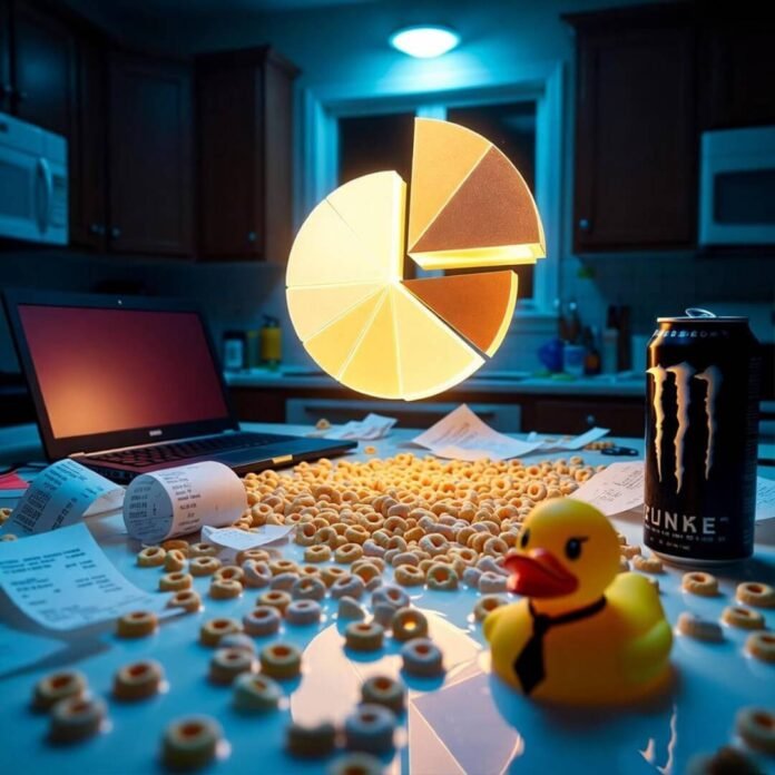 Glowing pie chart over messy midnight cereal chaos. Glowing pie chart over messy midnight cereal chaos.