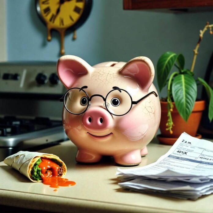 Cracked piggy bank in glasses, Taco Bell mess, melting clocks. Cracked piggy bank in glasses, Taco Bell mess, melting clocks.