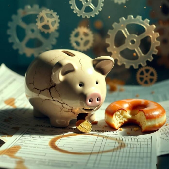 Cracked piggy bank leaking coin onto messy finances.