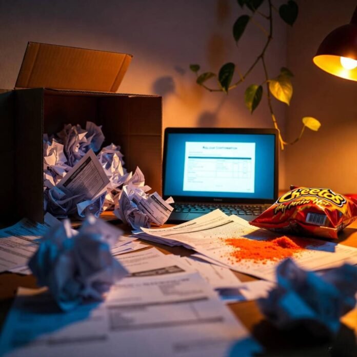 Messy late-night 401(k) rollover desk with Cheetos chaos