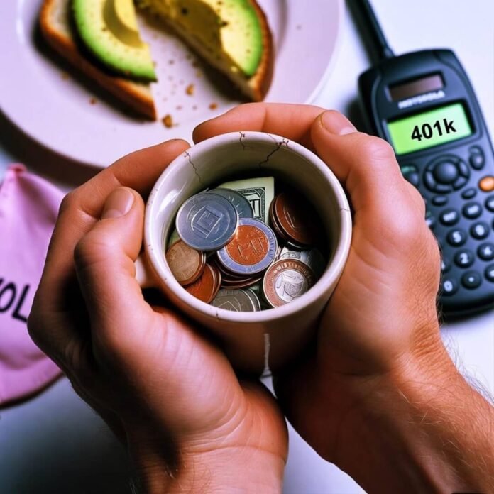 Cracked mug of coins, sad avocado toast, YOLO balloons. Cracked mug of coins, sad avocado toast, YOLO balloons.