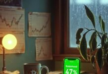 How to Maximize Your Wealth Through Effective Management Strategies Rainy desk with Bitcoin mug and glowing Robinhood gains.