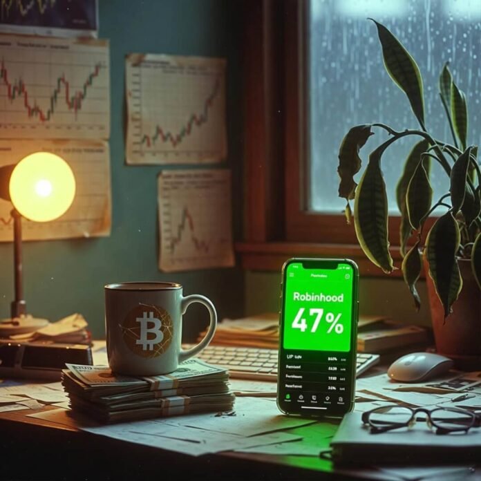 Rainy desk with Bitcoin mug and glowing Robinhood gains. Rainy desk with Bitcoin mug and glowing Robinhood gains.