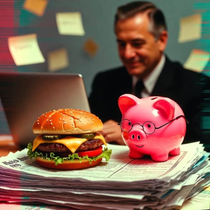 Cheeseburger on IRS notices, neon piggy bank watching. Cheeseburger on IRS notices, neon piggy bank watching.