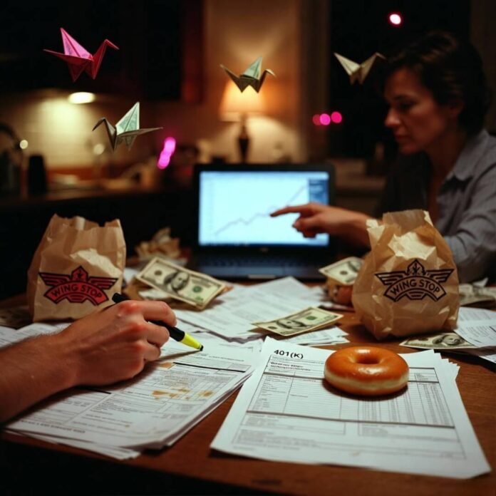 Messy night table, donut on 401(k), floating money cranes.