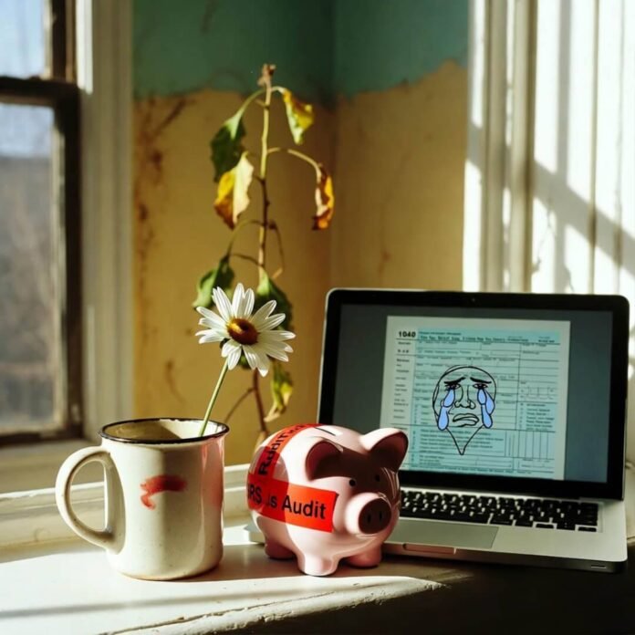 Messy desk with sad piggy bank and crying tax form.