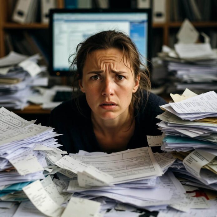 Stressed woman buried in bills and papers. Stressed woman buried in bills and papers.