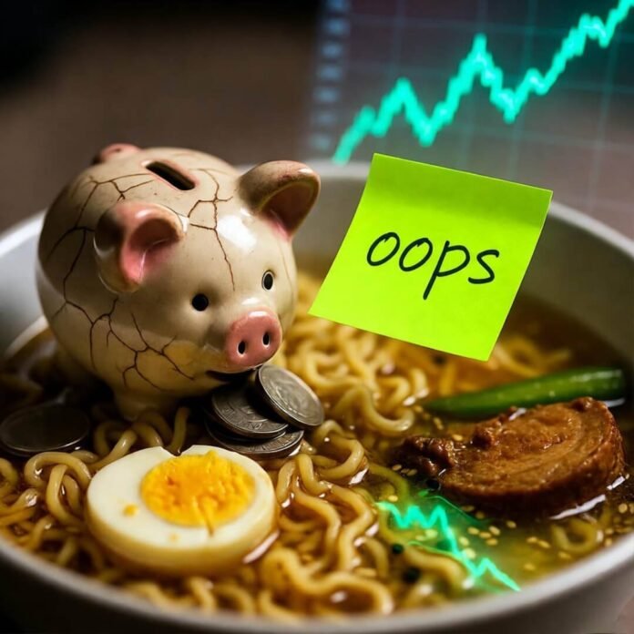 Cracked piggy bank drowning in ramen, “oops” Post-it.