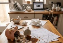 Financial Wellness: The Key to Achieving Your Money Goals Overhead messy kitchen table, spilled coffee, piggy bank chaos.