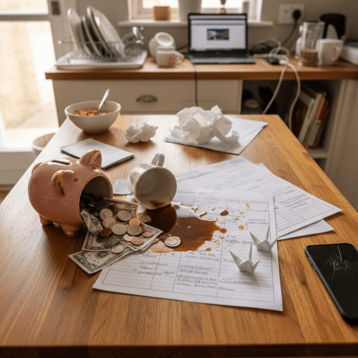 Overhead messy kitchen table, spilled coffee, piggy bank chaos. Overhead messy kitchen table, spilled coffee, piggy bank chaos.