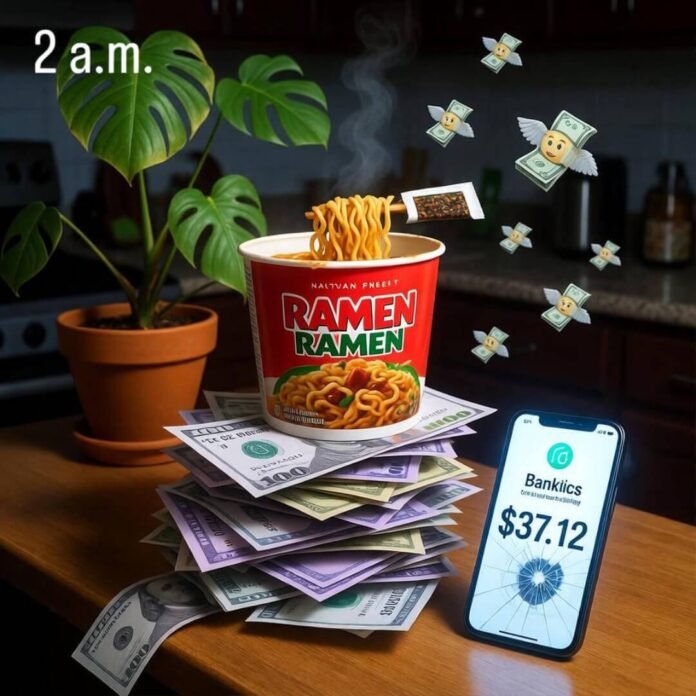 Ramen on bills, $37 left, money flying away. Ramen on bills, $37 left, money flying away.