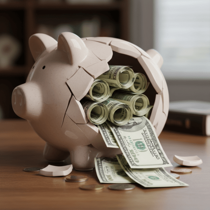 Cracked piggy bank overflowing with rolled $100 bills.