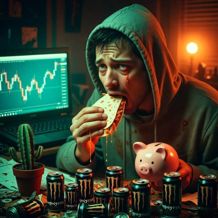 Stressed guy eating quesadilla, clutching piggy bank at 3am. Stressed guy eating quesadilla, clutching piggy bank at 3am.