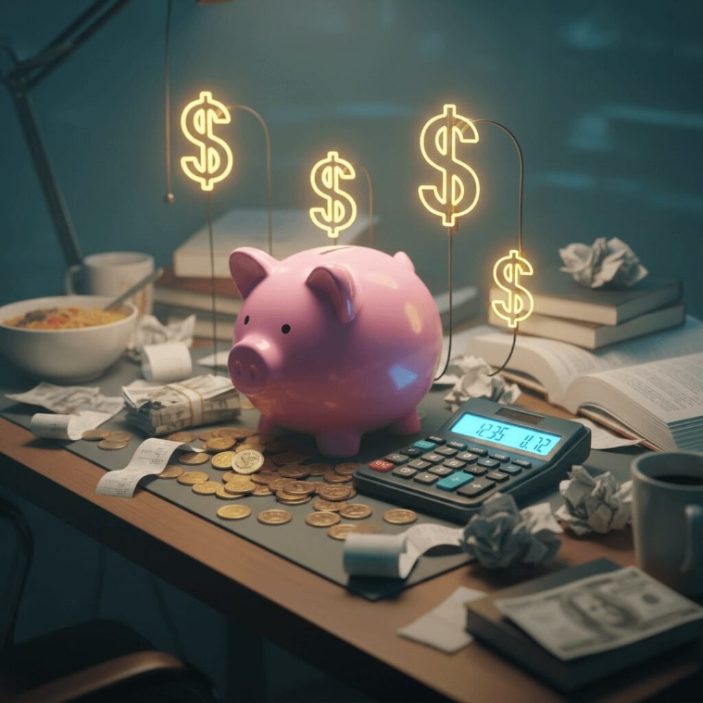 Nighttime view of a humorous financial mess on the desk