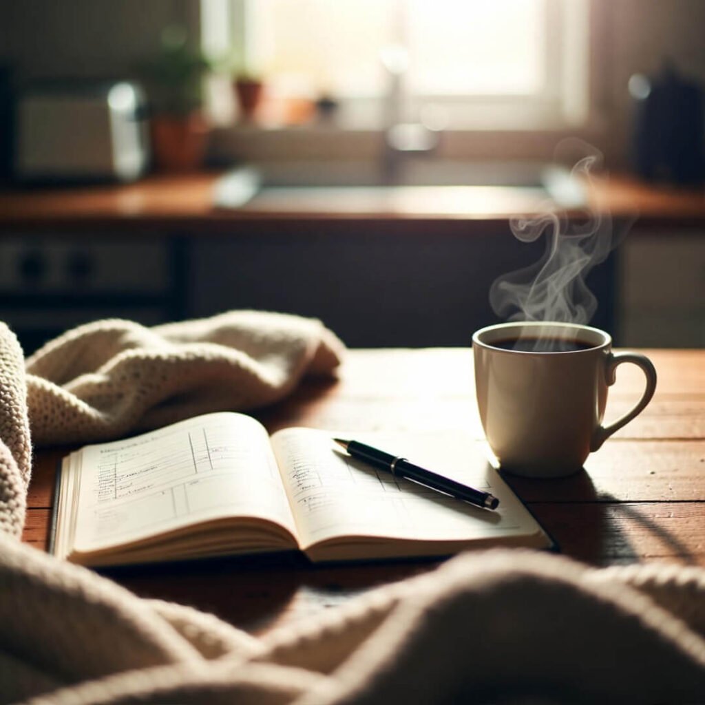 Cozy budgeting notebook with steaming coffee.