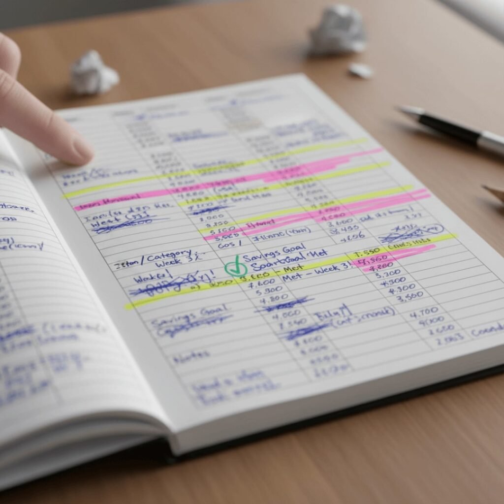 Close-up of messy spending notes in a spiral notebook.