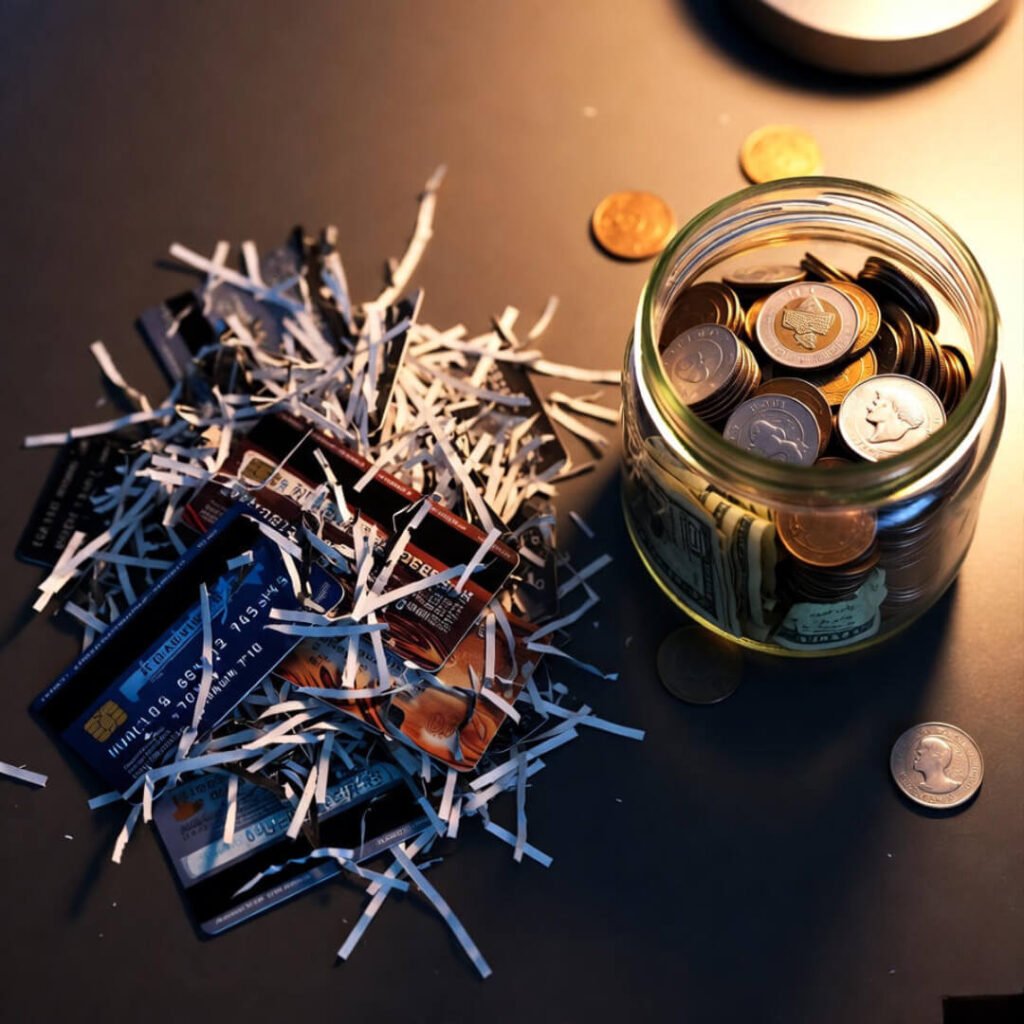 Shredded credit cards beside growing savings jar.