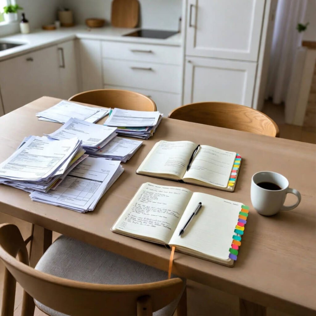 Organized bills and notebook on table.