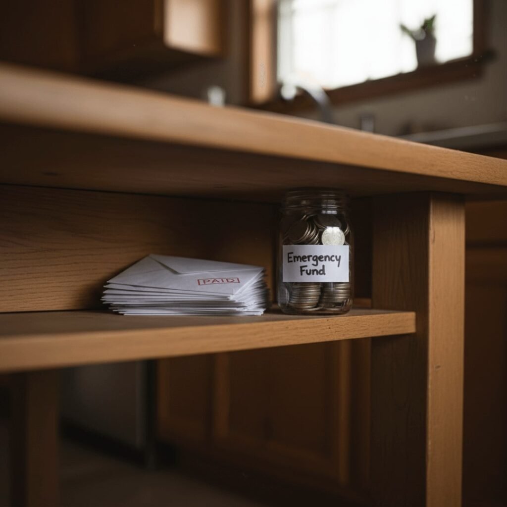 Low-angle view of paid bills and emergency fund jar.