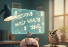 How to Set Financial Goals and Achieve Them with Confidence Cracked piggy bank, budget notebook, holographic vision board.