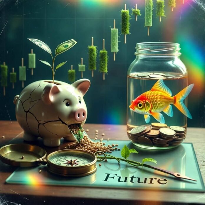 Cracked piggy bank sprouting money leaves, goldfish jar