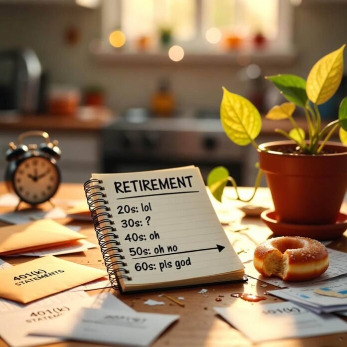 Coffee-stained retirement notebook with donut and drooping plant. Coffee-stained retirement notebook with donut and drooping plant.