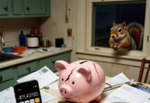 Is Your Retirement Plan Ready? How to Check Your Financial Health? Cracked piggy bank, negative calculator, judging squirrel at 2 a.m.