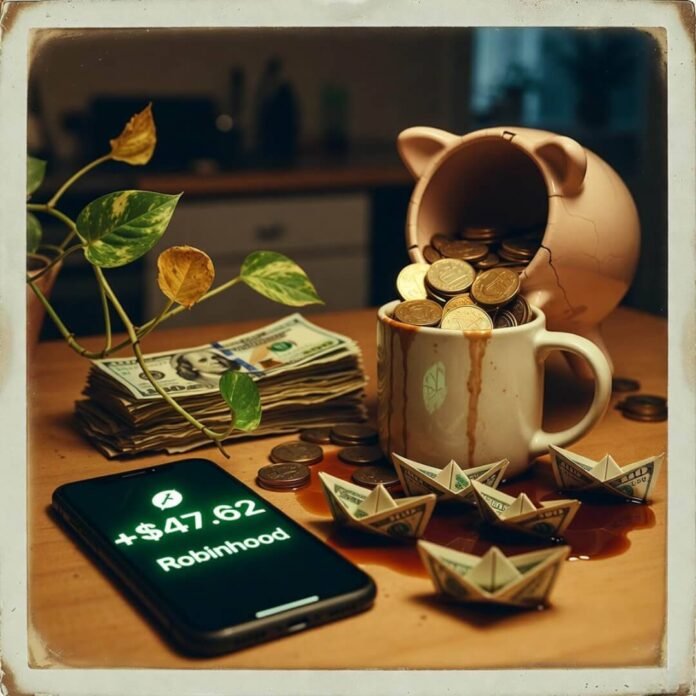 Cracked piggy bank spilling coins into coffee at 2 a.m. Cracked piggy bank spilling coins into coffee at 2 a.m.