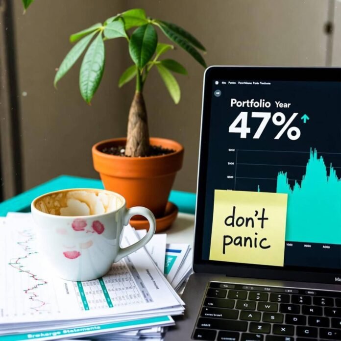 Coffee-stained desk with +47% portfolio and “don’t panic” note Coffee-stained desk with +47% portfolio and “don’t panic” note