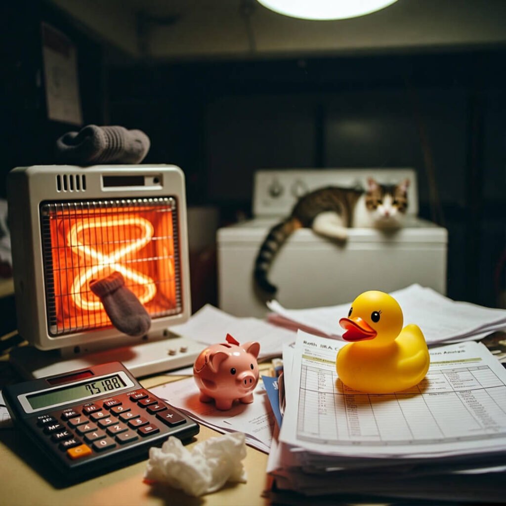 Calculator shows 75188, cat stares, heater glows.